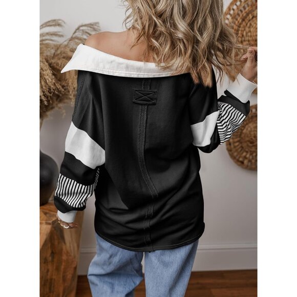 Women Oversized Sweatshirts Color Block Long Sleeve Loose V Neck Fall Outfits - Picture 5 of 6